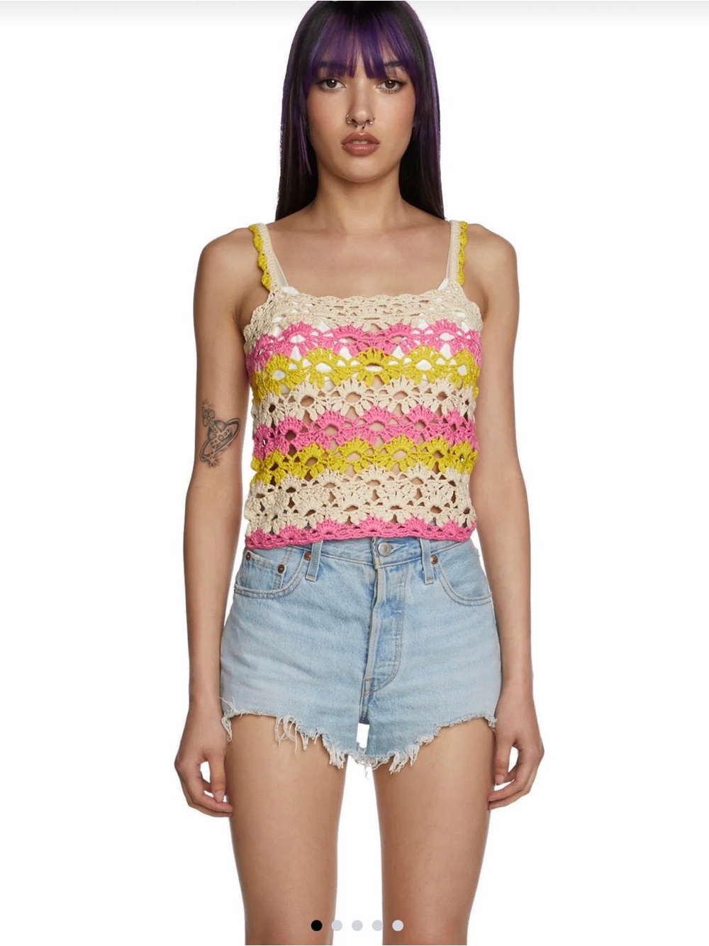 Dolls Kill “Easy Daze” crocheted tank; MEDIUM; cropped, NWT, cream/pink/yellow